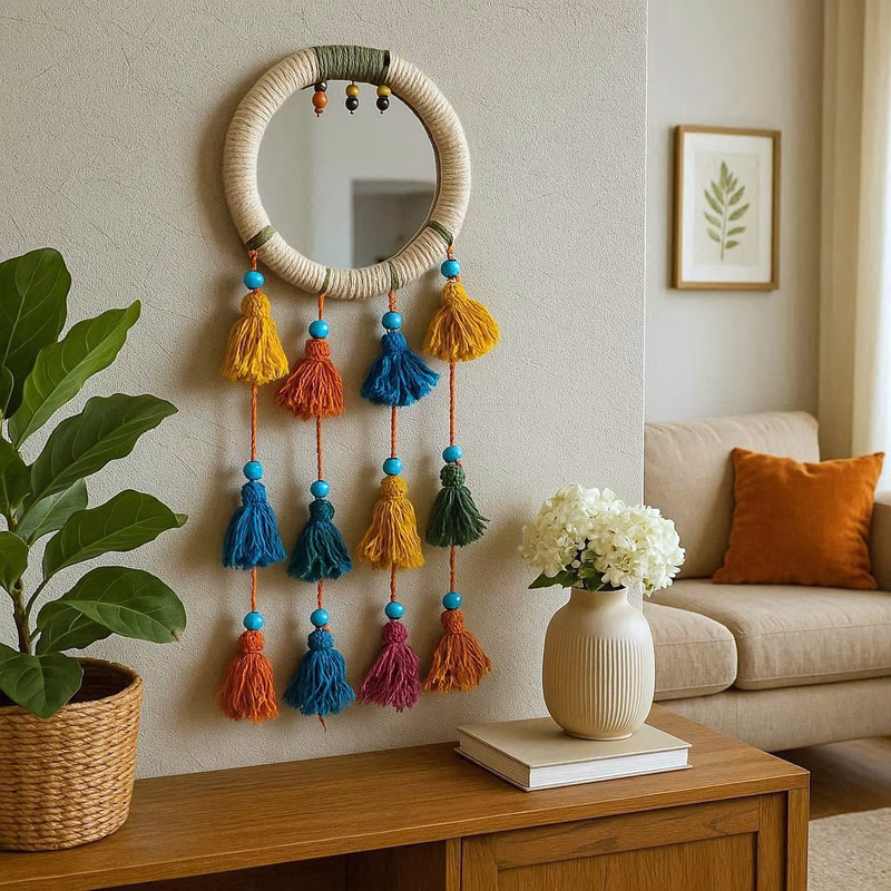 ریسه سنتی منگوله دار آینه دیواری سفید خاکستری